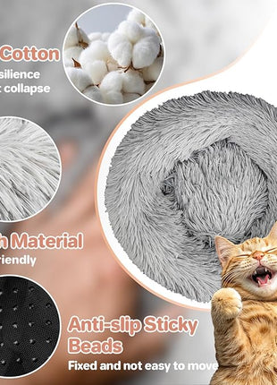 Cat Bed - Calming Cat Bed for Small Kittens Donut Washable Round for Indoor Kittens and Puppies, Anti-Slip Round Fluffy Plush Faux Fur, Medium, Light Grey