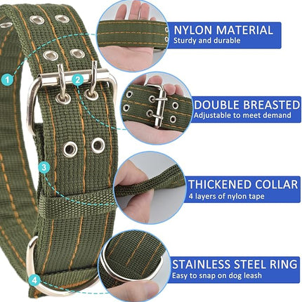 Buckle Dog Collar, 2 Wide Adjustable Nylon Military Tactical Dog Collars, 2-Rows D Ring Heavy Duty Dog Collar
