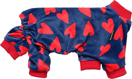 Fitwarm Valentines Day Sweet Hearts Dog Pajamas, Dog Winter Clothes for Small Dogs Girl Boy, Lightweight Velvet Pet Jumpsuit, Cat Onesie, Dark Blue, Red, XXL