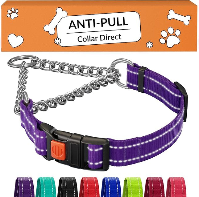 CollarDirect Martingale Dog Collar with Stainless Steel Chain and Quick Release Buckle - Reflective Collar for Large, Medium, Small Dogs - Purple, Large (Neck Size 17"-22")