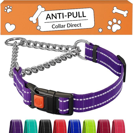 CollarDirect Martingale Dog Collar with Stainless Steel Chain and Quick Release Buckle - Reflective Collar for Large, Medium, Small Dogs - Purple, Small (Neck Size 12"-15")