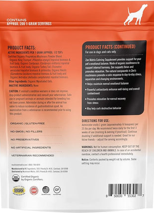 Om Mushroom Matrix Zen Matrix Mushroom Blend Pet Supplement, Provides Calming Soothing Support for Dogs & Cats, 200 Grams, 7.1 oz