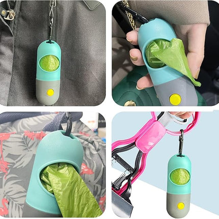 2 Pack Dog Poop Bag Dispenser with Built-in LED Flashlight, Pet Waste Bag Holder for Leash with Carabiner Clip for Lead Leash, 2 Rolls Leak-proof Doggy Waste Bags for Dog Walking, Blue,Eliamo