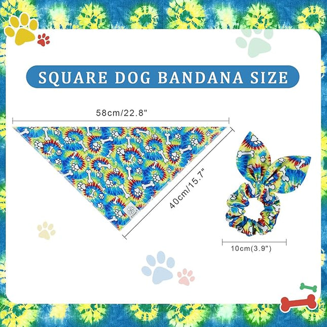 E-Clover Rainbow Dog Bandanas & Matching Scrunchie Set Girl Cute Pride Dog Scarf Bibs Pet Bandana with Bow Tie for Small Dogs Puppy Owner Mom Spring