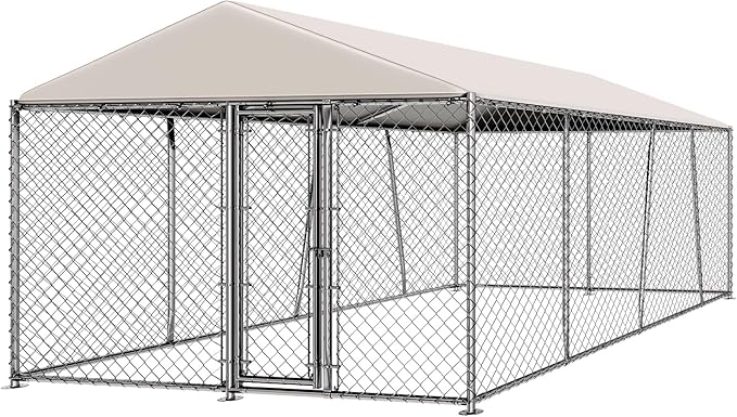 10 x 15FT Large Outdoor Dog Kennel with Roof, Dog Kennel Outside with Waterproof Cover, Galvanized Heavy Duty Chain Link Dog Runs Cage Playpen for Outside with Secure Lock