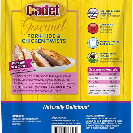 Cadet Gourmet 5-Inch Pork Hide Twist Chew Sticks, Long-Lasting and Natural Rawhide Chews for Dogs, Inspected & Tested in USA, Chicken Flavor, 22 Count
