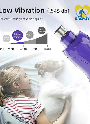 Casfuy Dog Nail Grinder Quiet - (45db) 6-Speed Pet Nail Grinder with 2 LED Lights for Large Medium Small Puppy Dogs/Cats, Professional 3 Ports Rechargeable Electric Dog Nail Trimmer with Dust Cap