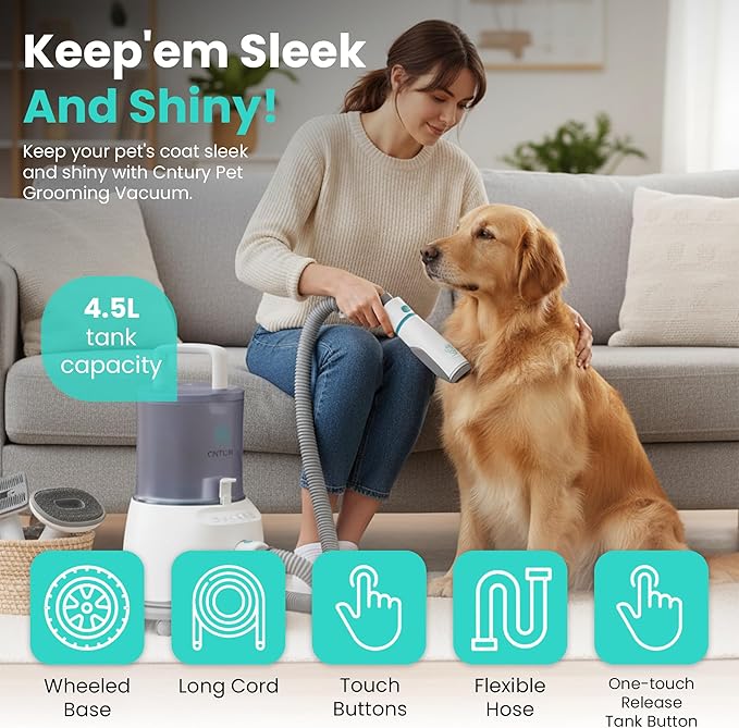 Dog Grooming Vacuum for Shedding, 5-in-1 Pet Grooming Kit with Dog Clippers for Grooming, 14,000Pa Powerful Suction, 4.5L Dust Cup, Quiet Pet Hair Vacuum Cleaner for Cats & Dogs Grooming