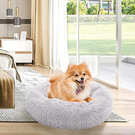 NOYAL Calming Donut Dog Bed for Small to Medium Dogs & Cats - Plush Faux Fur Anti-Anxiety Pet Bed with Machine Washable Cover & Non-Slip Base