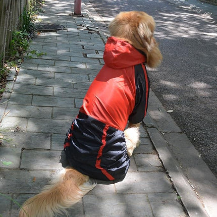 Lovelonglong Alaska Dog Hooded Raincoat, Golden Retriever Rain Jacket Poncho Waterproof Clothes with Hood Breathable 4 Feet Four Legs Rain Coats for Large Huge Dogs Red L-XL+