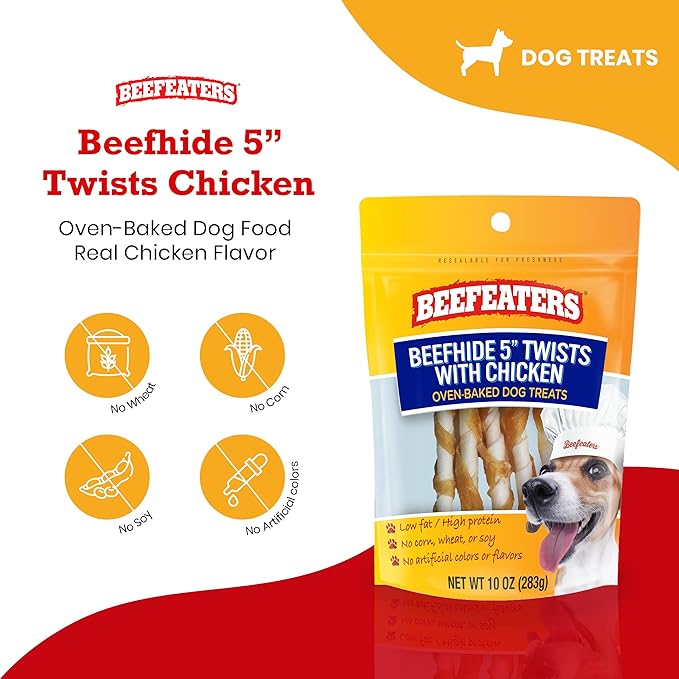 Beefeaters Beefhide 5in Twist with Real Chicken – Protein-Rich Dog Treats for Clean Teeth, Ideal for Training & All Dog Sizes