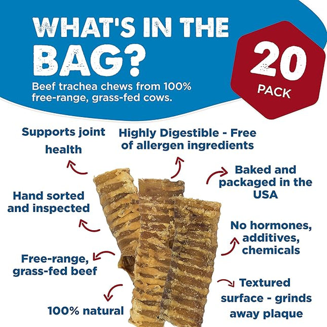 Best Bully Sticks Premium 6 Inch Beef Trachea - 20 Count (Pack of 1) - All-Natural, Grain-Free, Single-Ingredient, Supports Dental Health