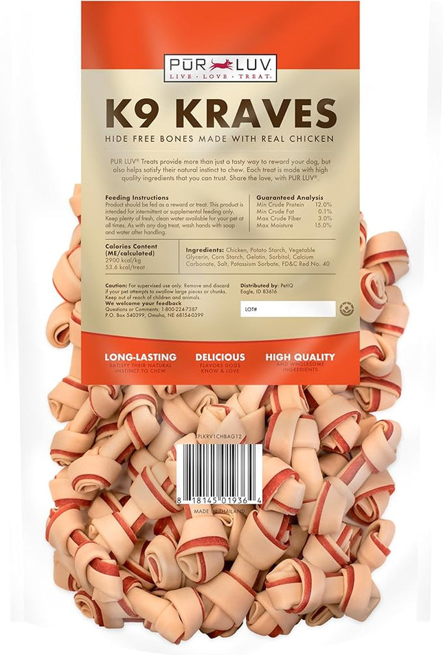 Pur Luv K9 Kraves Rawhide Free Bone Dog Treats, Chicken Flavor, Made with Real Chicken and Limited Ingredients, Healthy, Easily Digestible, Long Lasting, and High Protein Dog Treat, 20 Count