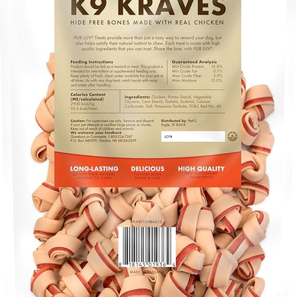 Pur Luv Dog Treats, K9 Kraves Rawhide Free Bone Dog Treat, Chicken Flavor, Made with Real Chicken, 20 Count, Healthy, Easily Digestible, Long-Lasting, High Protein, Satisfies Dog's Urge to Chew
