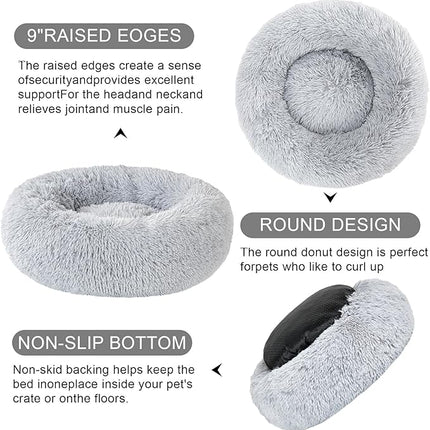 Dog Calming Beds for Small Medium Large Dogs - Round Donut Washable Dog Bed, Anti-Slip Faux Fur Fluffy Donut Cuddler Anxiety Cat Bed(36" Light Gray)