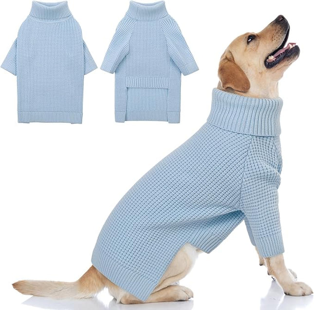 Queenmore Soft Warm Large Dog Sweater, Dog Sweaters for Large Breeds, Pet Christmas Sweater, Waffle Knit Extra Large Doggie Sweatershirt, Pull-on Pet Turtleneck Sweater, Blue 3XL