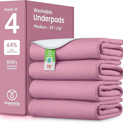 IMPROVIA® Washable Underpads, Heavy Absorbency Reusable Incontinence Pads for Kids, Adults, Elderly, and Pets, Waterproof Protection Floor (Pink and White, 34" x 36" - Pack of 4)