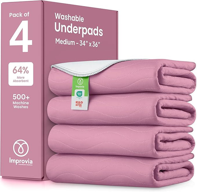 IMPROVIA® Washable Underpads, Heavy Absorbency Reusable Incontinence Pads for Kids, Adults, Elderly, and Pets, Waterproof Protection Floor (Pink and White, 34" x 36" - Pack of 4)