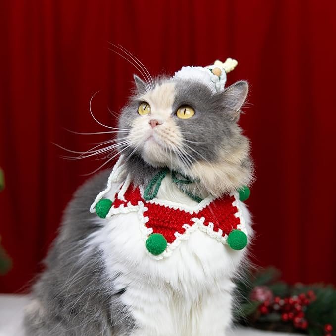 Christmas Cat Costume,Handmade Dog Outfit with Christmas Tree Cat Hat,Knitted Dog Bandana,Adjustable Fit Five-Pointed Star Clothes,Gifts for Dogs