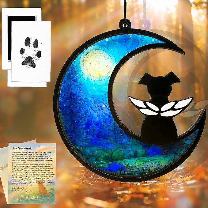 Dog Memorial Gift for Loss of Dog – DIY Angel Memorial Suncatcher & Paw Print Kit for Dogs with Sympathy Card | Pet Memorial Keepsake(Moonlit Forest)