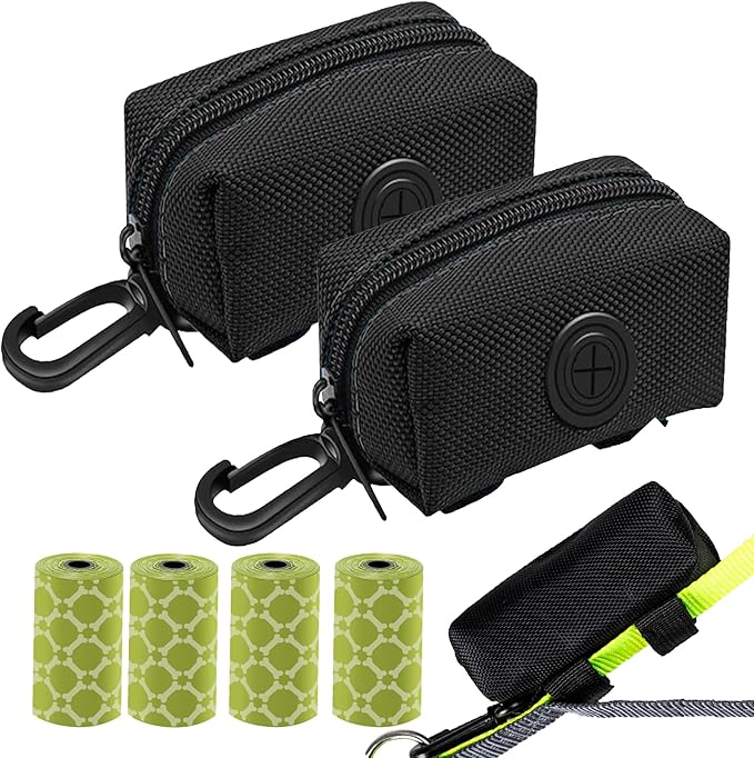 (2 Pack) Dog Poop Bag Holder, Poop Bag Holders for Leashes, CAKOVANO Doggie Waste Bag Dispenser Small Doggy Poop Bag Zipper Pouch with Carabiner Clip with 4 Rolls of Pet Trash Bags, Black