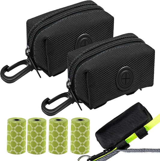 (2 Pack) Dog Poop Bag Holder, Poop Bag Holders for Leashes, CAKOVANO Doggie Waste Bag Dispenser Small Doggy Poop Bag Zipper Pouch with Carabiner Clip with 4 Rolls of Pet Trash Bags, Black
