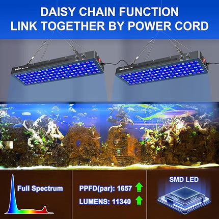 WILLS Full Spectrum Aquarium Light, Reef Lights for Coral with Dual Dimmable Channels, 105 Premium SMD Chips, Daisy Chain Design, Hanging Saltwater Fish Tank Light for SPS/LPS Coral Reef (300W/Black)