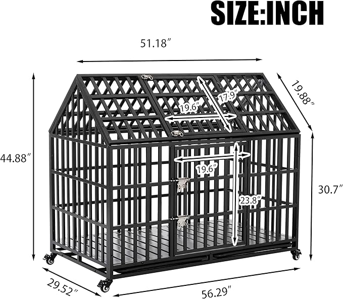 52 Inch Heavy Duty Dog Crate Indestructible and Escape-Proof Dog Crate Cage Kennel for Large/Medium Dogs Extra Large XL XXL with Wheels Removable Tray Double Door