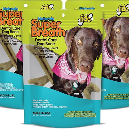 Fido - Super Breath Dental Care Bones for Dogs - 4 Treats Per Pack (3 Pack) - Dog Dental Treats for Large Dogs (Made in USA) - Dog Dental Chews Help Reduce Plaque, Tartar Buildup, and Freshens Breath