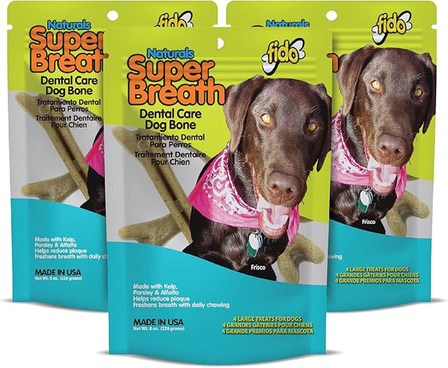 Fido - Super Breath Dental Care Bones for Dogs - 4 Treats Per Pack (3 Pack) - Dog Dental Treats for Large Dogs (Made in USA) - Dog Dental Chews Help Reduce Plaque, Tartar Buildup, and Freshens Breath