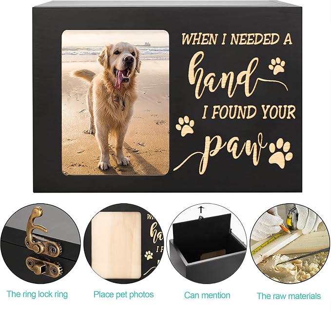 Pet Memorial Urns for Dog or Cat Ashes, Large Wooden Funeral Cremation Urns with Photo Frame, Memorial Keepsake Memory Box with Black Flannel as Lining, Loss Pet Memorial Remembrance Gift