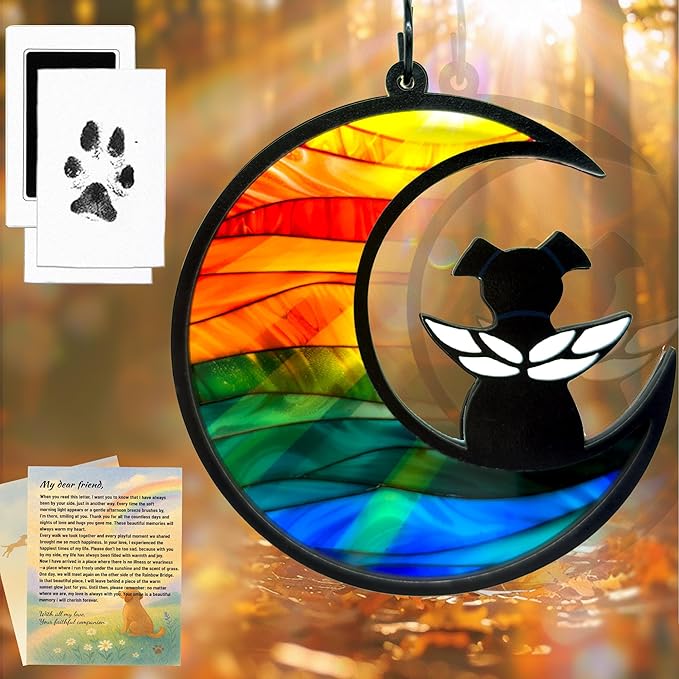 Dog Memorial Gift for Loss of Dog – DIY Angel Memorial Suncatcher & Paw Print Kit for Dogs with Sympathy Card | Pet Memorial Keepsake(Rainbow Bridge)