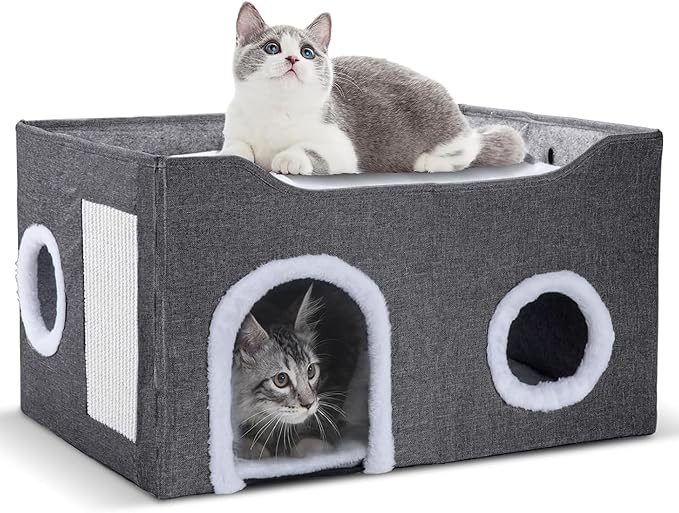 Cat House for Indoor Cats – Foldable Cat Cave & Covered Cat Bed, Cozy Hideaway for Small Pets and Large Cats (23.6"x16"x12.8"),Dark Grey