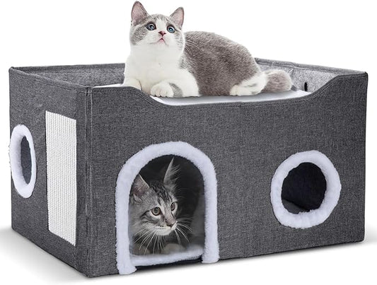 Cat House for Indoor Cats – Foldable Cat Cave & Covered Cat Bed, Cozy Hideaway for Small Pets and Large Cats (23.6"x16"x12.8"),Dark Grey