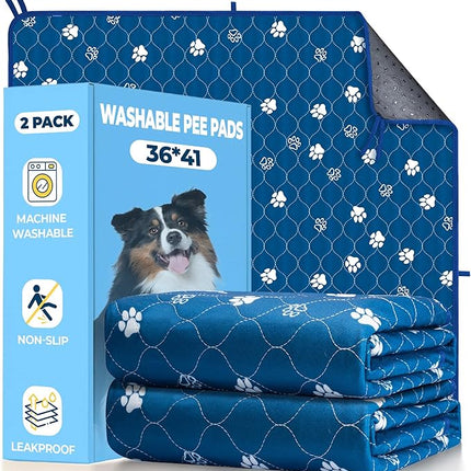 Fostanfly Washable Pee Pads for Dogs, 2 Pack Large 36"x41" Ultra-Absorbent and Leak-Proof Non-Slip Reusable Potty Training Pads for Dogs, Puppy & Cats of Add 8 Lanyards-Blue