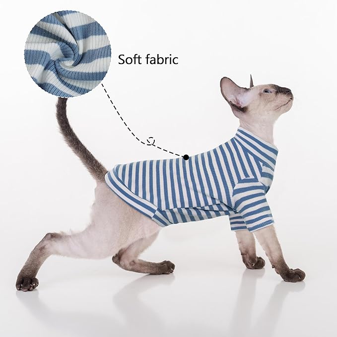 PUMYPOREITY Sphynx Cat Clothes, Soft Hairless Cats Shirt with Sleeves, Stretchy Cat Sweater, Pullover Cat Pajamas Jumpsuit, Turtleneck Cat Outfit for Sphynx Cornish Rex, Devon Rex, Blue, XS