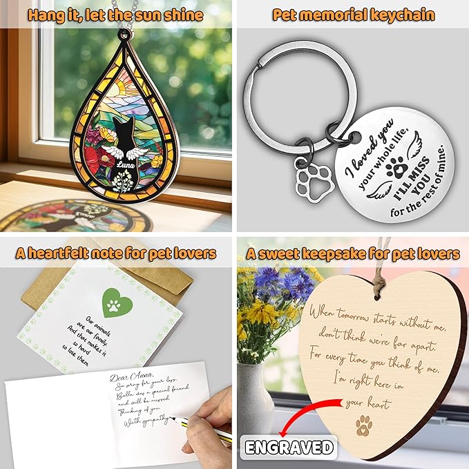 Personalized Angel Cat Memorial Suncatcher, Dog Cat Suncatcher Remembrance Gift, Engraved Pet Memorial Ornament, Pet Sympathy Keychain, Loss of Animal Sympathy Card, Rainbow Bridge Pet Loss Gift