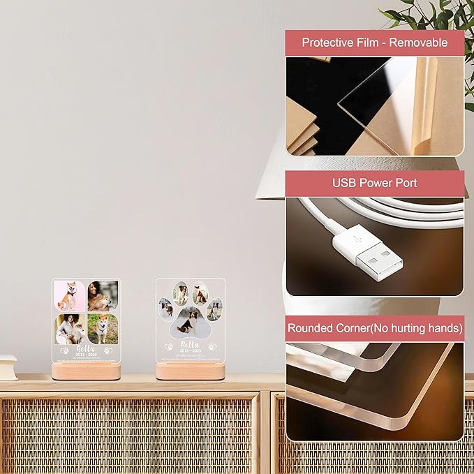 Personalized Pet Memorial Gifts, Pet Loss Gifts in Memory of Dog Night Lights, Custom Dog Memorial Plaque, Cat Memorial Photo Frame (Design #4)