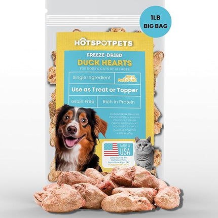 hotspot pets Freeze Dried Duck Heart Treats for Cats & Dogs - Made in USA, 1LB Big Bag - Single Ingredient All Natural Grain-Free Duck Hearts - Perfect for Training, Topper or Snack