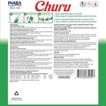 INABA Churu Cat Treats, Grain-Free, Creamy Purée Cat Treat/Topper, Tuna & Chicken Variety
