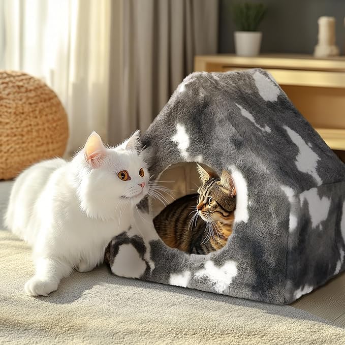 ComSaf Cat Bed House, Cat Cave for Indoor Cats with Fluffy Covered Cat Beds, Washable Cat House Hideaway Hut for Kitten Rabbit, Sturdy Beds & Furniture Gifts, Grey