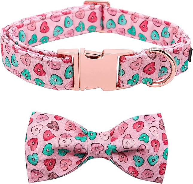 Maca Bates Valentine's Day Dog Collar with Fancy Bow for Extra Large Girl Boy Dogs,Pink Love Hearts Pattern,Adjustable Durable Soft Valentine Gift for Female Male Puppy