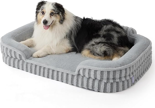 LE SURE Cute L-Plus Dog Beds, Orthopedic Waterproof Large Pet Bed with Sides, High Back Non-Slip Bottom and Egg-Crate Foam Dog Couch Sofa with Washable Removable Cover, Grey