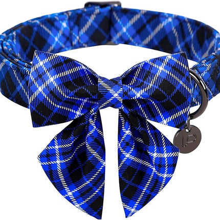 Dog Collar with Bow Tie, Cotton Dog Bowtie Collar for Puppy Girl Boy Dogs or Cat, Blue Bowtie Dogs Collars with Durable Metal Buckle, Holiday Plaid Puppy Collars,L