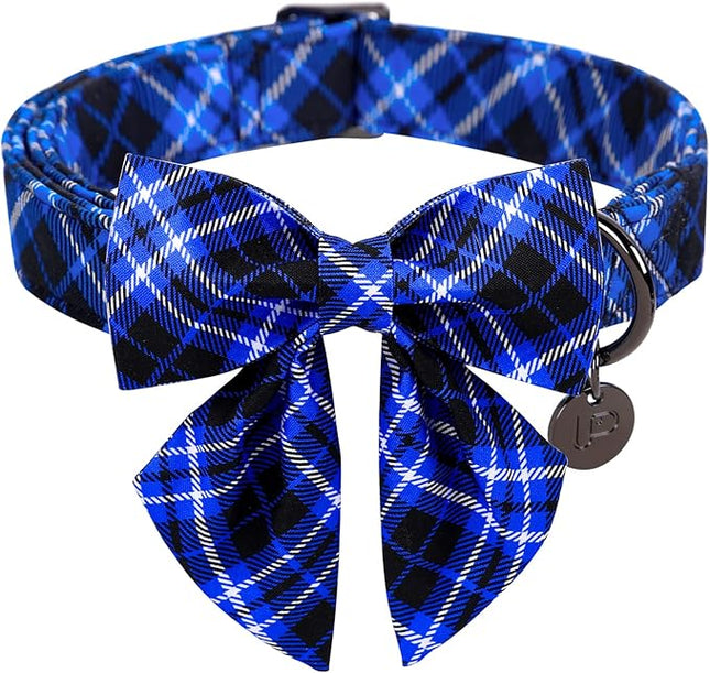 Dog Collar with Bow Tie, Cotton Dog Bowtie Collar for Puppy Girl Boy Dogs or Cat, Blue Bowtie Dogs Collars with Durable Metal Buckle, Holiday Plaid Puppy Collars,L