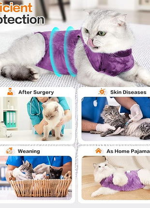 Cat Recovery Suit - Abdominal Wounds Cat Onesie, Cone E-Collar Alternative, Purple S