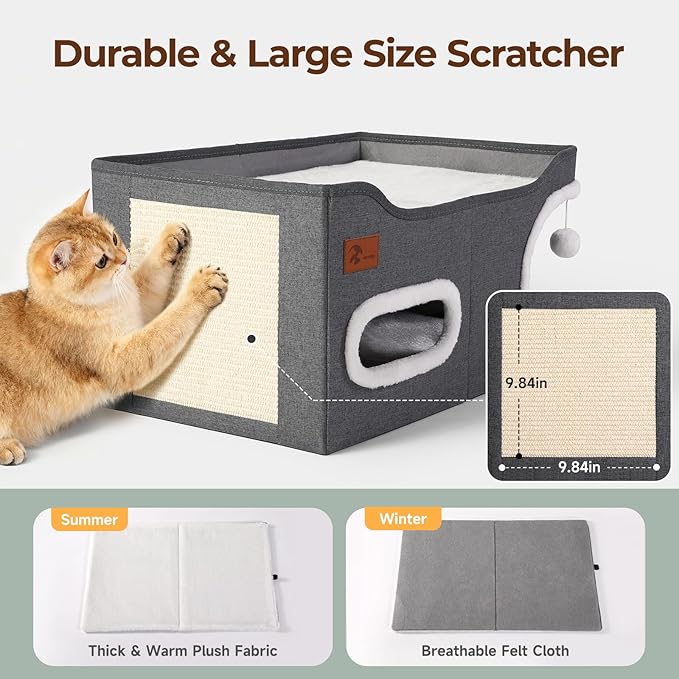 Petizer 23.8 Inches Large Cat Houses for Indoor Cats -Cute Cat Houses & Condos, Foldable Cat Cave Bed with Fluffy Ball and Scratch Pad, Cat Hideaway for Kittens, Kitty, Multi Small Pets, Dark Grey