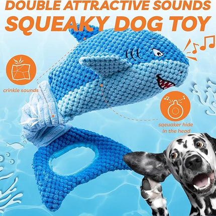 LEGEND SANDY Dog Toys for Aggressive Chewers, Large Dog Toys to Keep Them Busy, Interactive Squeaky Pet Toys, Tug of War, Crinkle Blue Shark (Blue)
