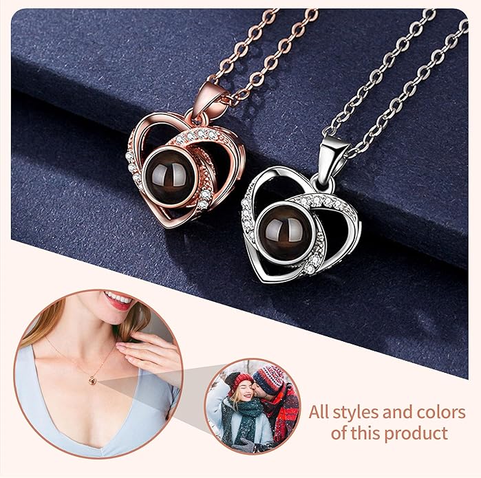 Easycosy Personalized Picture Necklace Projection Necklace with Photo Inside - Custom Photo Heart Pendant Necklace - Photo Gifts Valentines Birthday Love Memorial Gifts for Girlfriend Wife Women