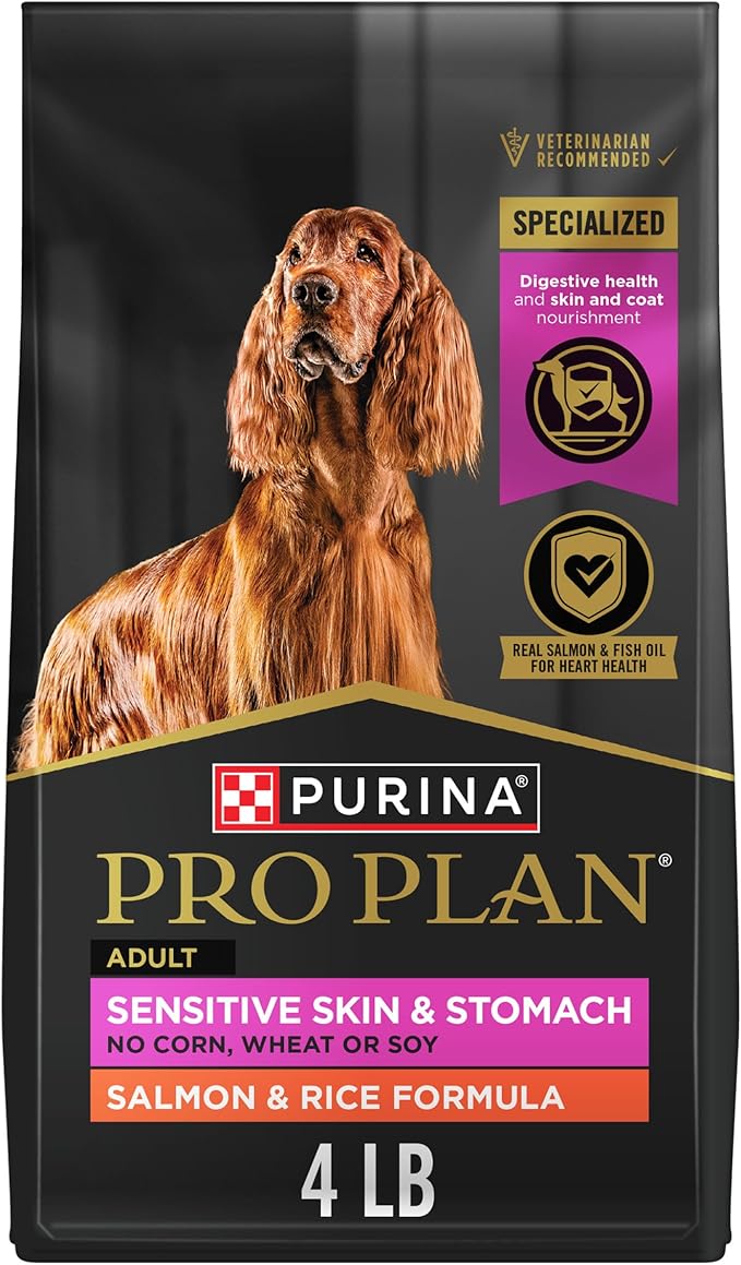 Purina Pro Plan Sensitive Skin and Stomach Dog Food Dry, Adult Salmon & Rice Formula, Digestive Health - 4 lb. Bag